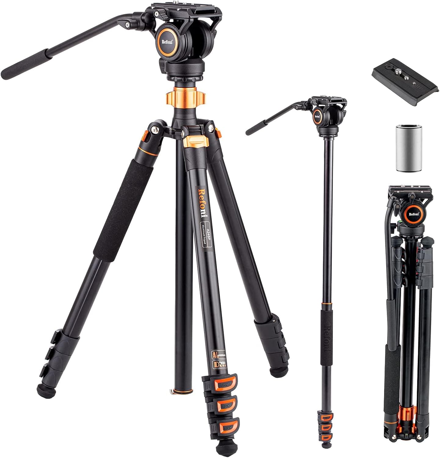 Tripé de vídeo, Refoni A245P tripé de alumínio com cabeça de vídeo fluída, tripé de alumínio de 190 cm, para câmaras DSLR, câmaras de vídeo, carga máxima de 6 kg