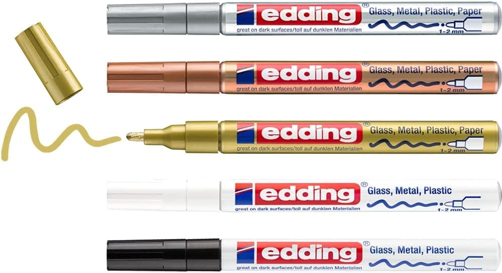 edding 751 Marcador de tinta opaca brilhante - preto, branco, ouro, prata, cobre - 5 marcadores - ponta redonda 1-2 mm - para vidro, pedras, madeira, plástico, papel - cor permanente