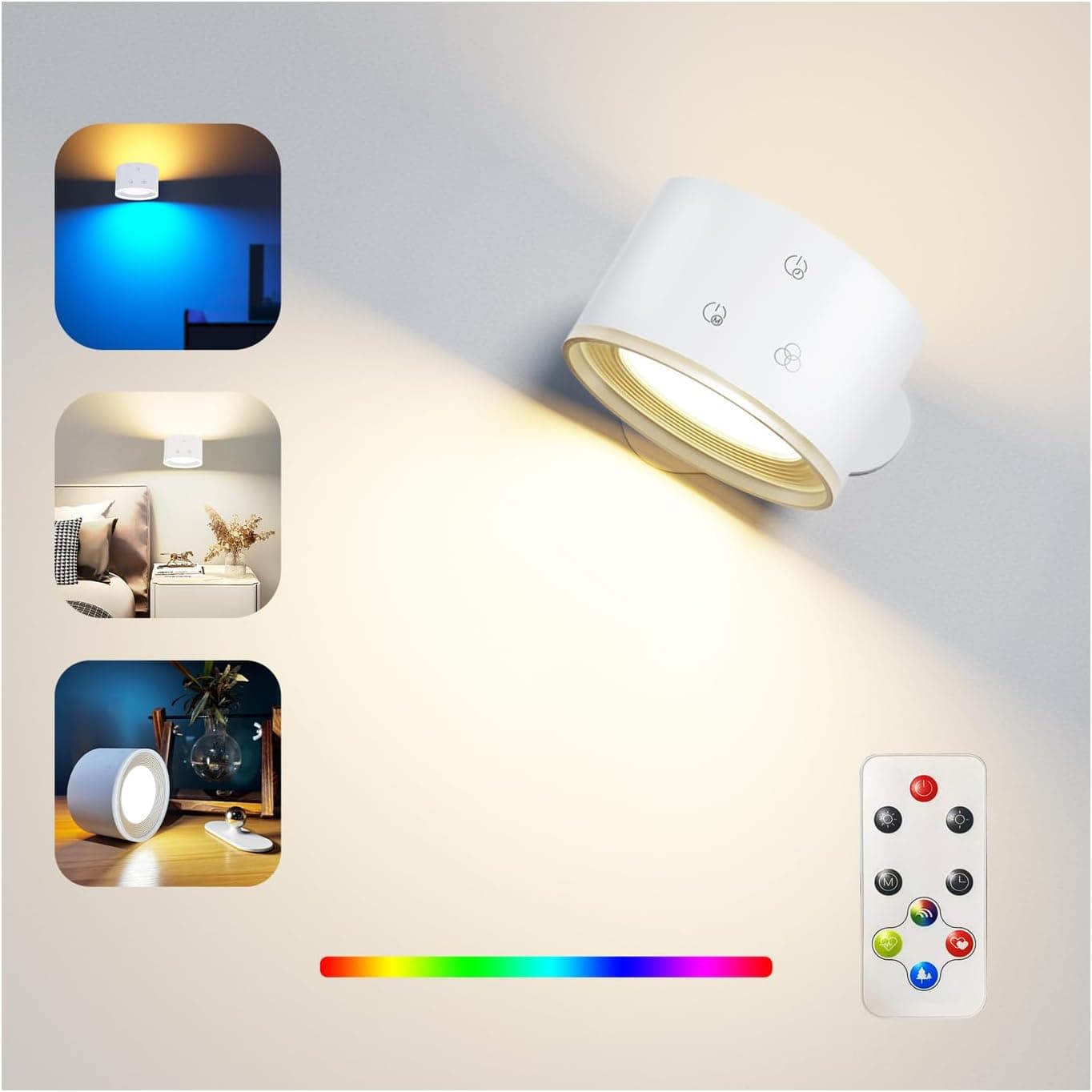 Feallive Candeeiro de parede, aplique de parede com controlo remoto ambiental RGB com bateria recarregável, função de temporizador de 1 hora com controlo tátil rotativo de 360° (branco luz colorida)