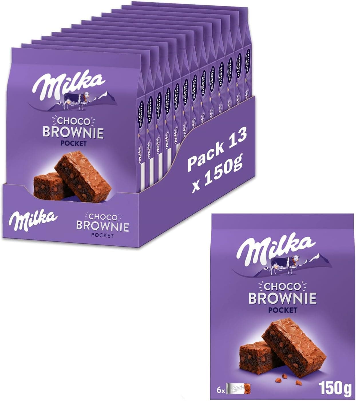 Milka Choco Brownie bolo de chocolate com leite dos Alpes e pedaços de chocolate com leite, 150 g, embalagem de 13