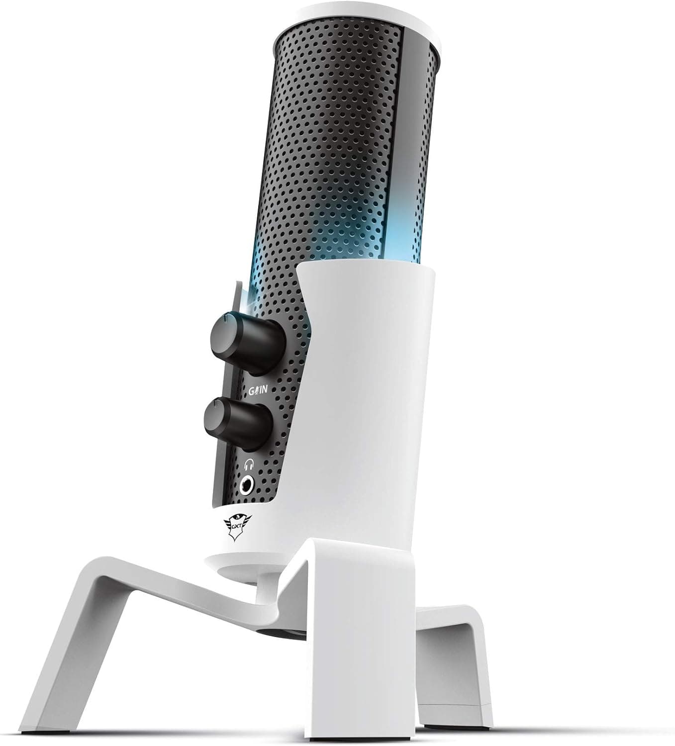 Trust Gaming GXT 258 Fyru Microfone Gaming USB 4 em 1, micro com luzes LED, 4 padrões de gravação, microfone PC para podcasts, Vlogs, streaming, Youtube, Twitch, PS4, Playstation 5, branco