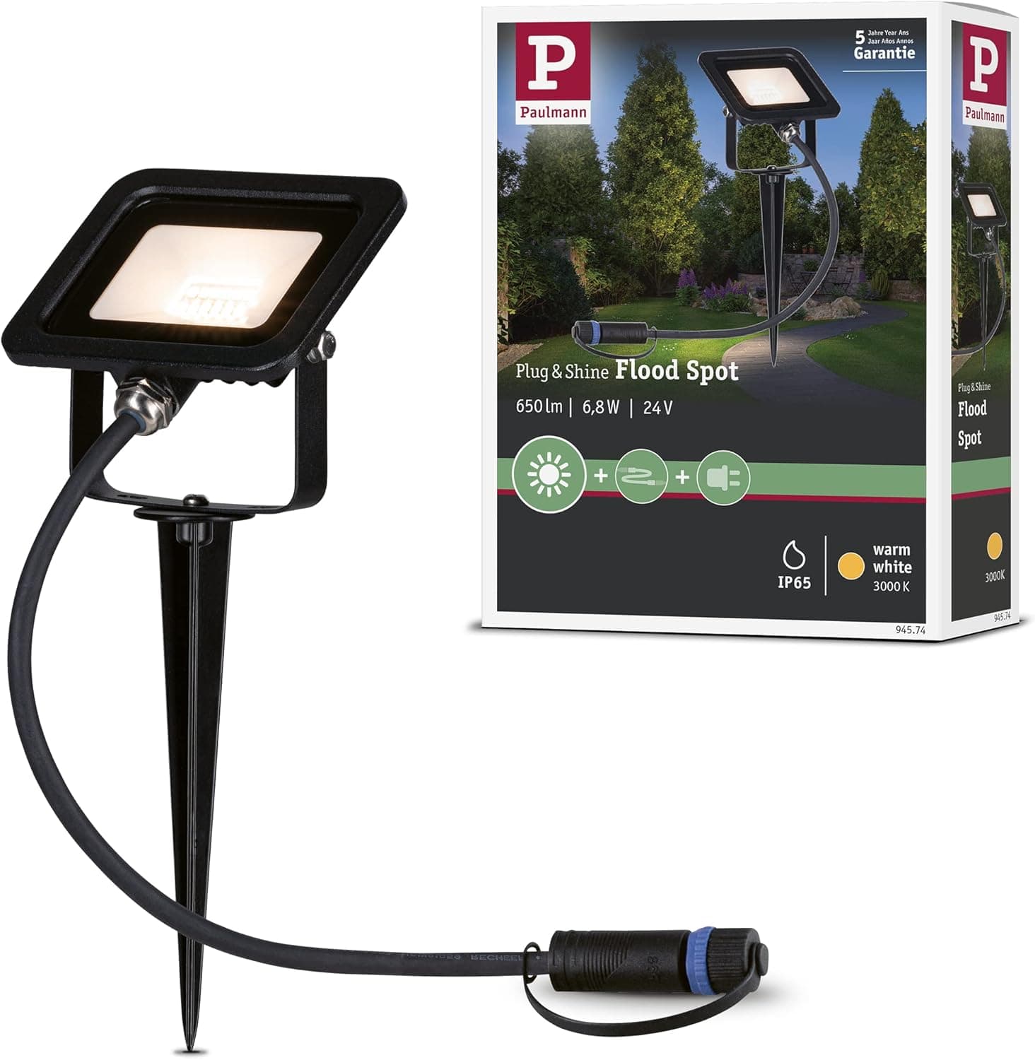 Paulmann 94574 Plug & Shine LED luz exterior holofote de jardim projetor IP65 branco quente incl. 1 x 6,8 W preto alumínio Spot 3000 K