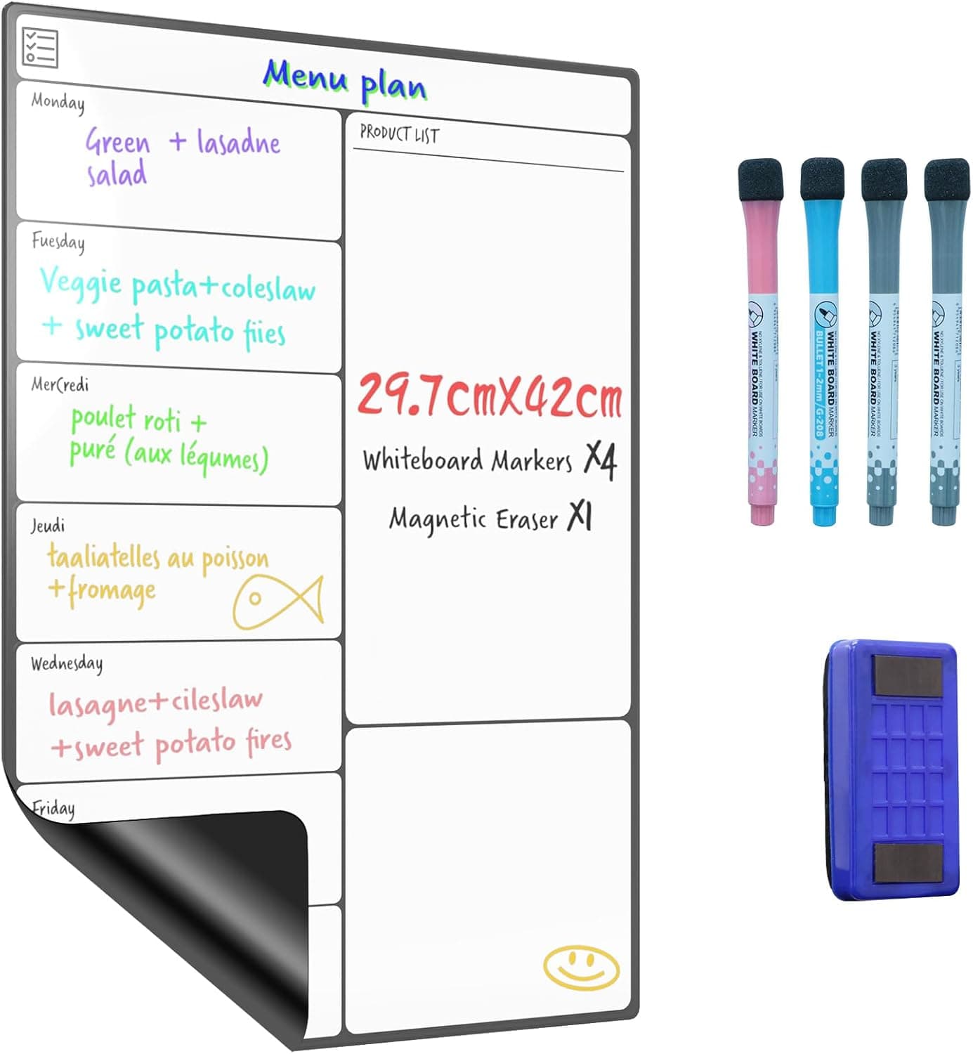 Ardósia magnética frigorífico A3, calendário planeador semanal, menu, lembrete, lista de compras, inclui 4 marcadores de cores e apagador de presente SURFOU (29,7 × 42 cm)