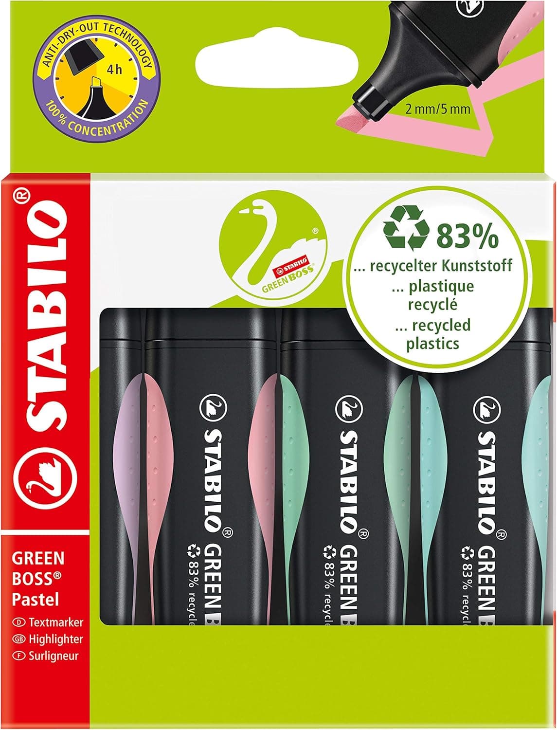 Marcador fabricado com 83% plásticos reciclados STABILO GREENBOSS Pastel - estojo com 4 cores