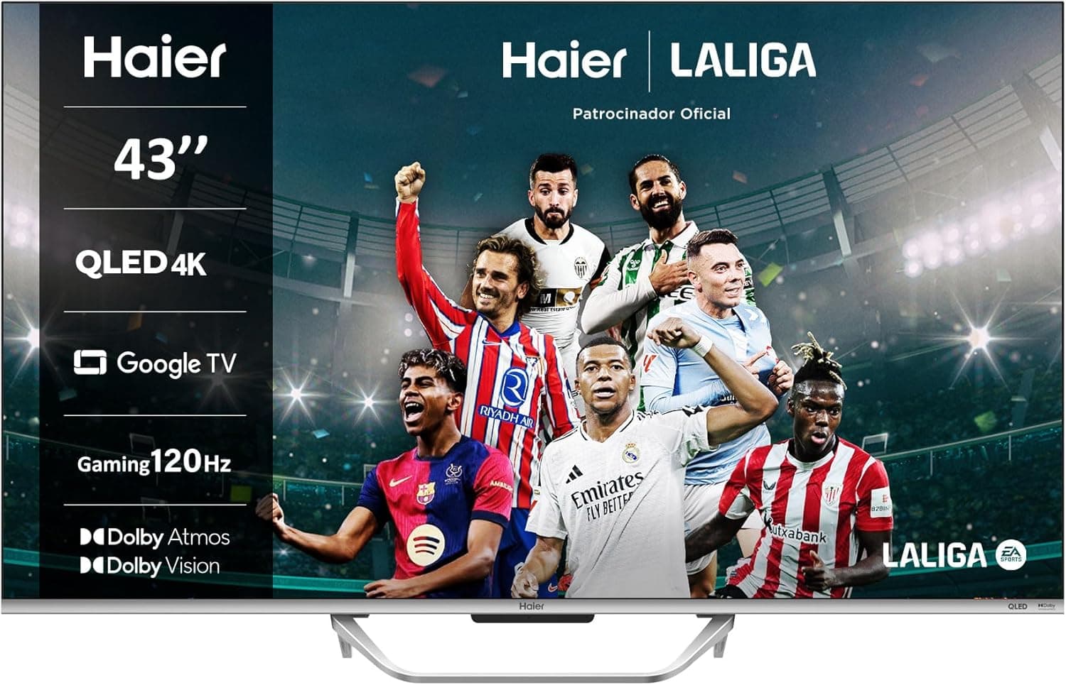 Haier QLED 4K UHD H43Q800UX, 43", Smart TV, Google TV, Dolby Atmos e Dolby Vision, HDR 10, Controlo remoto inteligente, Google Assistant, Bluetooth 5.1, DBX TV, HDMI 2.1 x 4, sem molduras, 202. 4 Anos