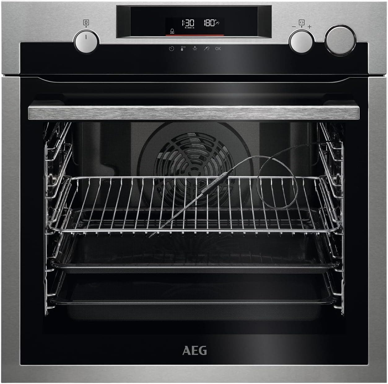 AEG BPE577161M Forno elétrico multifunções, 72 l, limpeza pirolítico, integrável, onda térmica, função a vapor, ecrã LCD tátil, ventilador XXL, Inox anti-impressões digitais, classe A+, fabricado em