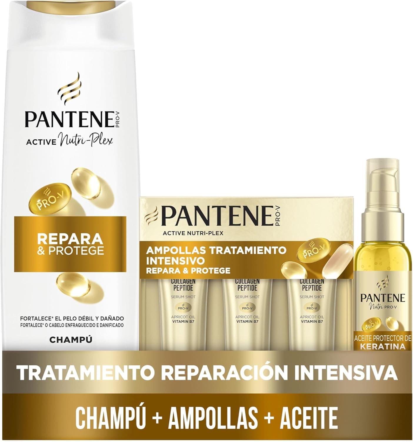 Pantene Pro-V Repara e protege champô de 325 ml, ampolas 3 x 15 ml, óleo protetor queratina 100 ml, para cabelo seco e danificado. Limpeza suave