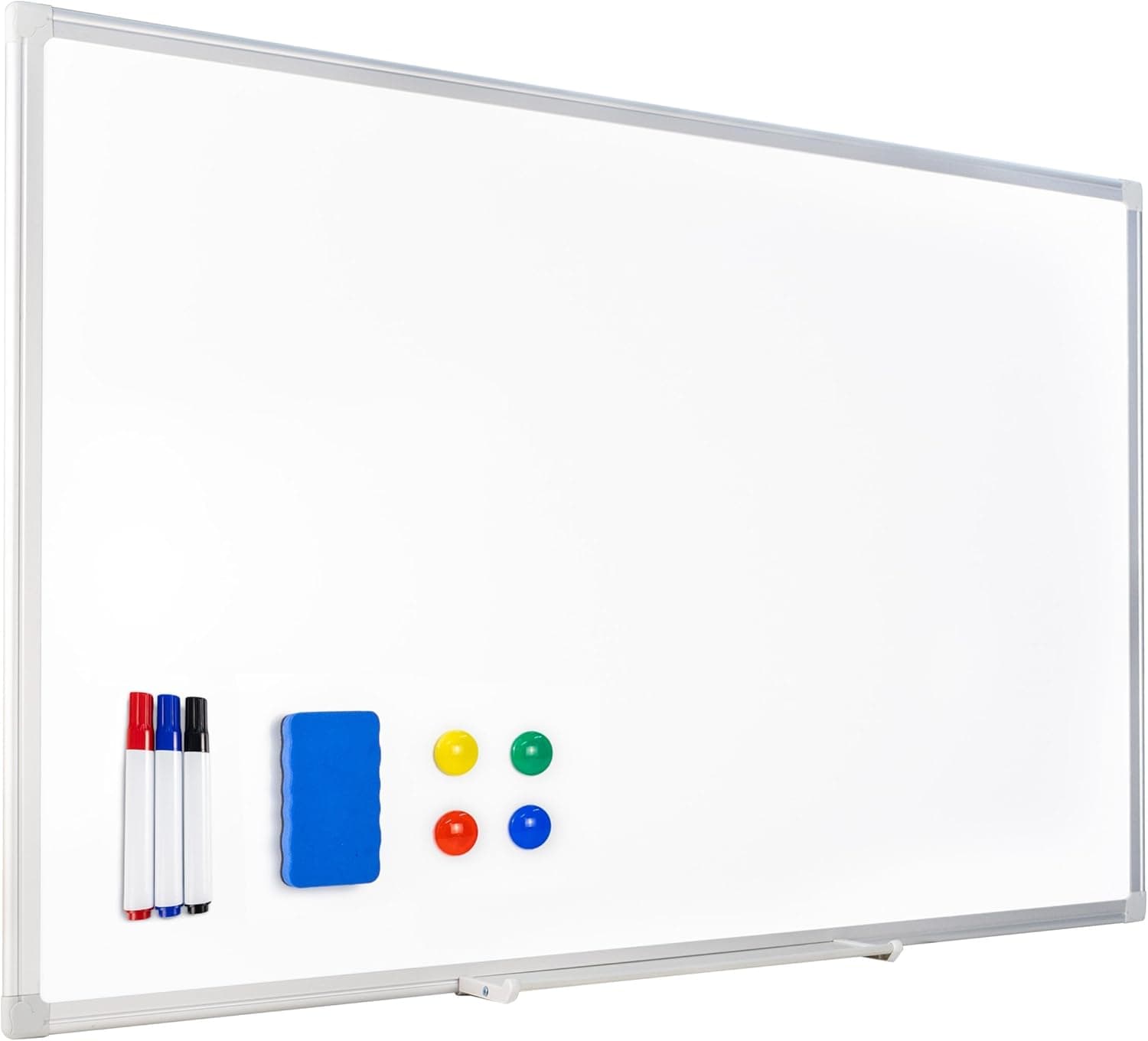 Raylu Paper® - Ardósia branca magnética com moldura de alumínio, bandeja para marcadores, kit de montagem, 3 canetas de marca, 4 ímanes e 1 borracha magnética, quadro branco de apagar a seco. 90x60cm
