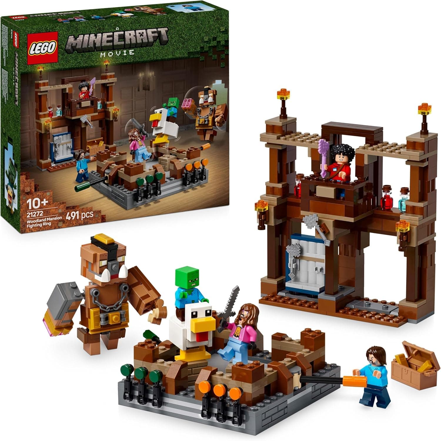 LEGO Minecraft O anel de combate da mansão da floresta, brinquedo interativo baseado em filme para crianças e jogadores de 10 anos, minifiguras de zombie, Steve, Garret e Henry 21272