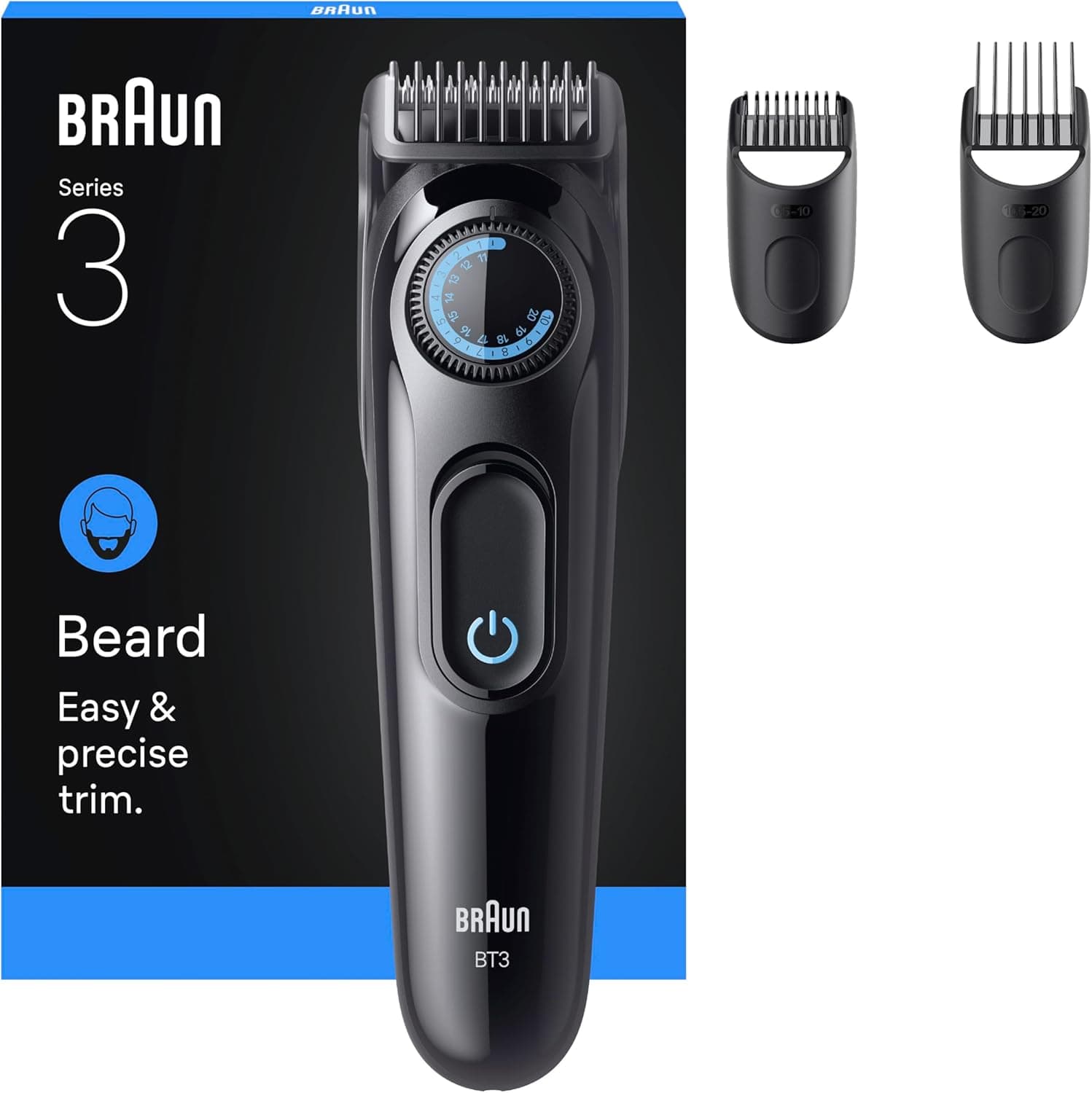 Braun Aparador de barba série 3 BT3520, barbeiro recarregável, 3 acessórios de barbear, lâmina de corte ultra afiada, 50 min de automonomia, 40 comprimentos, preto/azul