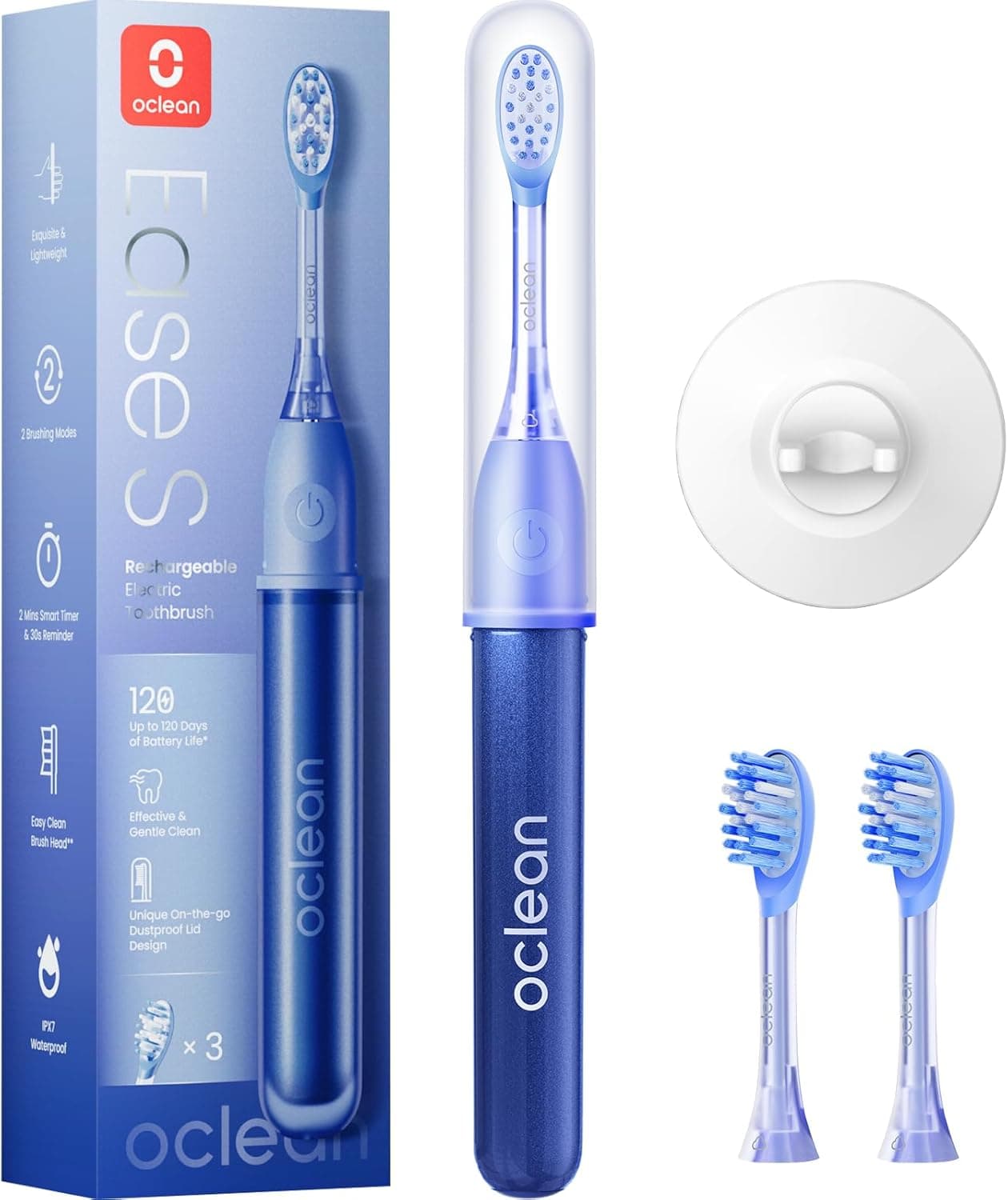 Oclean Ease escova de dentes elétrica, 120 dias, proteção para pó 2 em 1, 66000 movimentos por minuto, 2 modos, lembrete de bateria fraca, cabeça de escova macia, suporte de parede, IPX7, azul