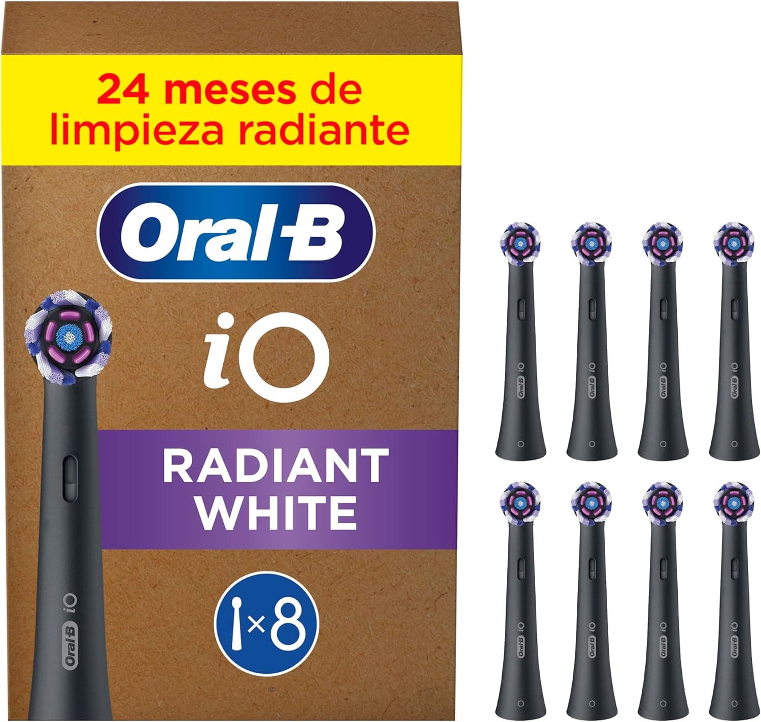 Oral-B Série iO Radiant White cabeças de substituição originais, conjunto de 8 peças de reposição pretas para escovas de dentes elétricas oral - B iO, branqueamento dentário, remoção de manchas