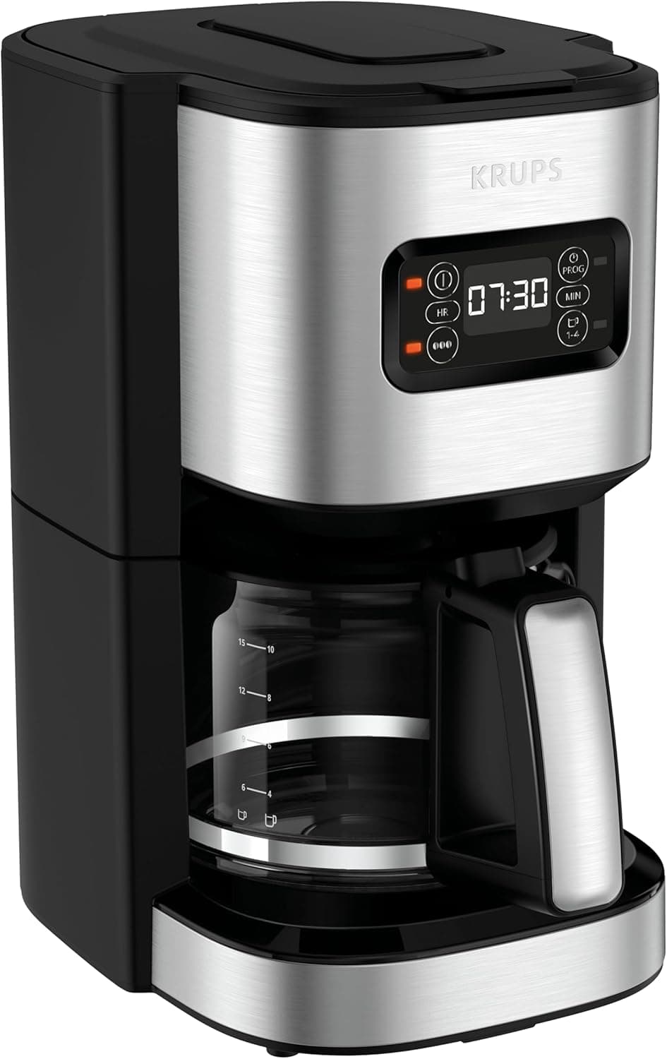 Krups First Cafeteira de filtro de 1,25 L, aço inoxidável, temporizador 24 horas, seletor de intensidade da infusão, cabeça de água, modo de pré-infusão, anti-gotejamento, até 15 chávenas, KM480D