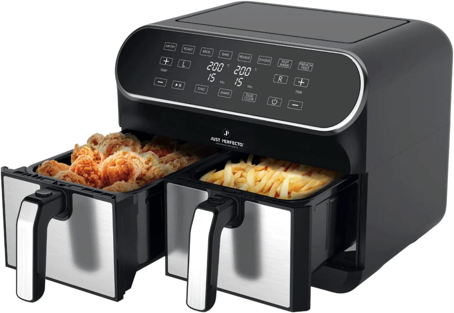 Just Perfeito fritadeira ar XXL 8L - air fryer 2 recipientes independentes XXL quente com 1700 W - fritadeira sem óleo com ecrã LED tátil - fritadeira a ar com cesta antiaderente