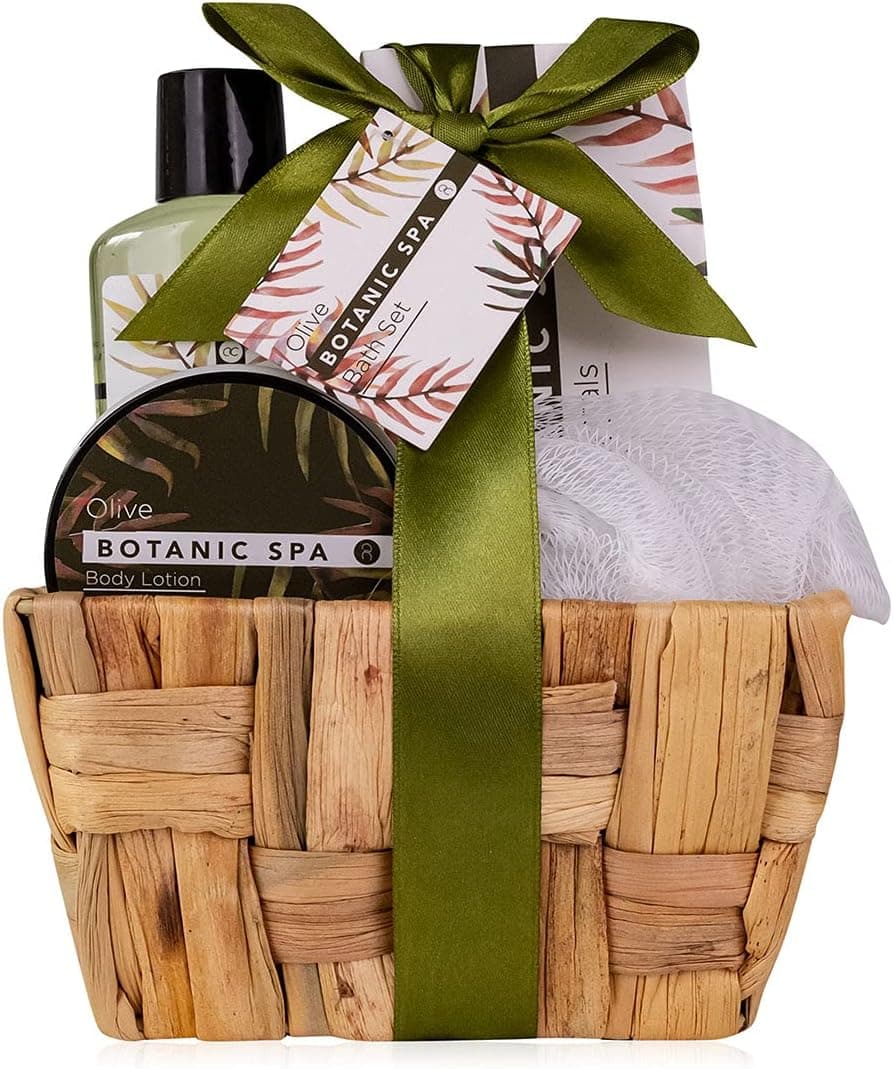 Accentra - Conjunto de banho para mulher OLIVE SPA em cesta de erva marinha - conjunto de cuidados de 4 peças com gel de banho, venda de banho, loção corporal e esponja de rede - conjunto de presente
