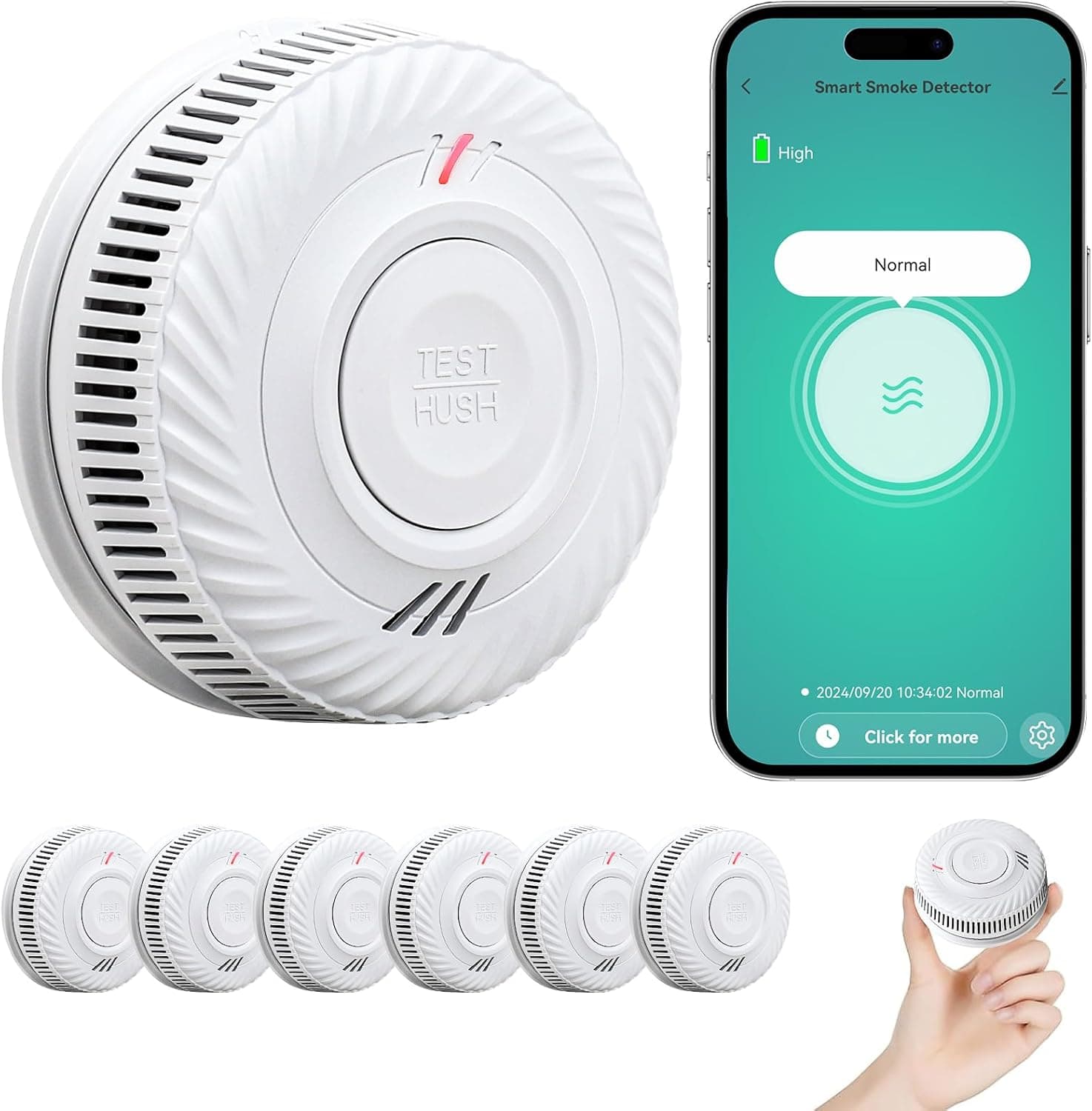PHYSEN Smart WiFi Detector de fumo de 10 anos, bateria, detetor de fumo com sensor fotográfico, função de silenciador e auto-teste, certificado DIN EN14604, compatível com o seu / Smart Life APP, 6St