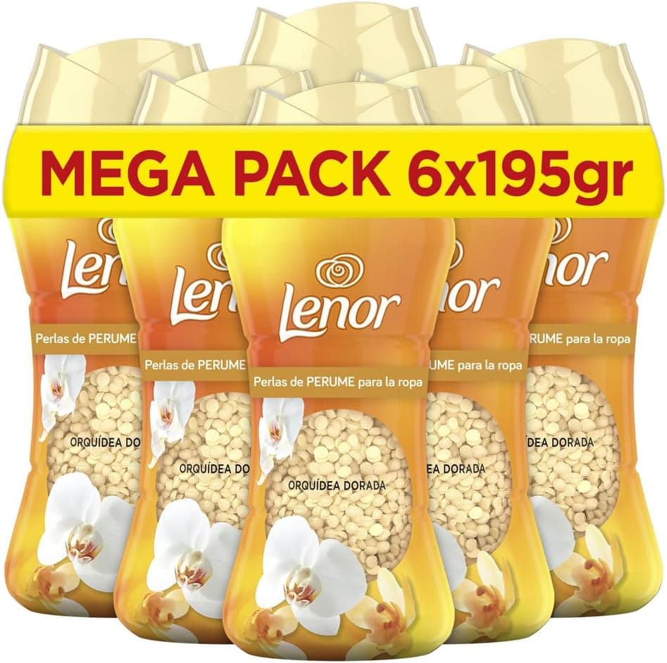 Lenor UNstoppables Pérolas de perfume para roupas, 96 lavagens (6 x 195 g), suave com fragrância orquídea dourada, potenciador de frescura