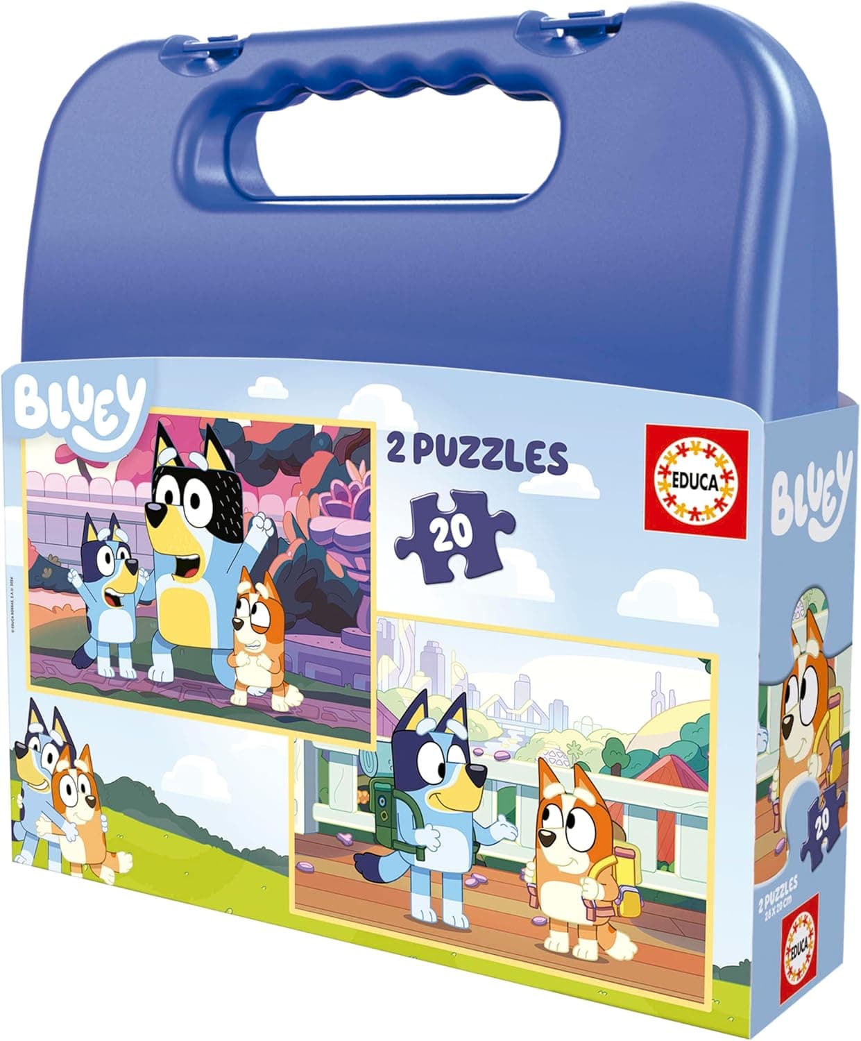 Educa - Conjunto de 2 puzzles infantis Bluey com 20 peças apresentadas numa magnífica mala de plástico. Medidas: 28 x 20 cm. Recomendado a partir de 4 anos (19966)