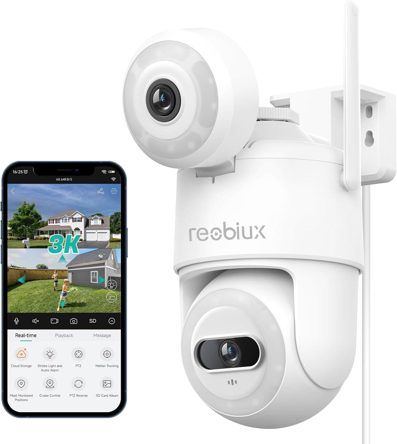 Reobiux 2K Câmara de vigilância WiFi exterior com lente dupla, PTZ câmaras IP domicílio 355° com rastreamento humano automático, visão noturna cor, áudio bi-direcional, alarme de luz e som, IP66