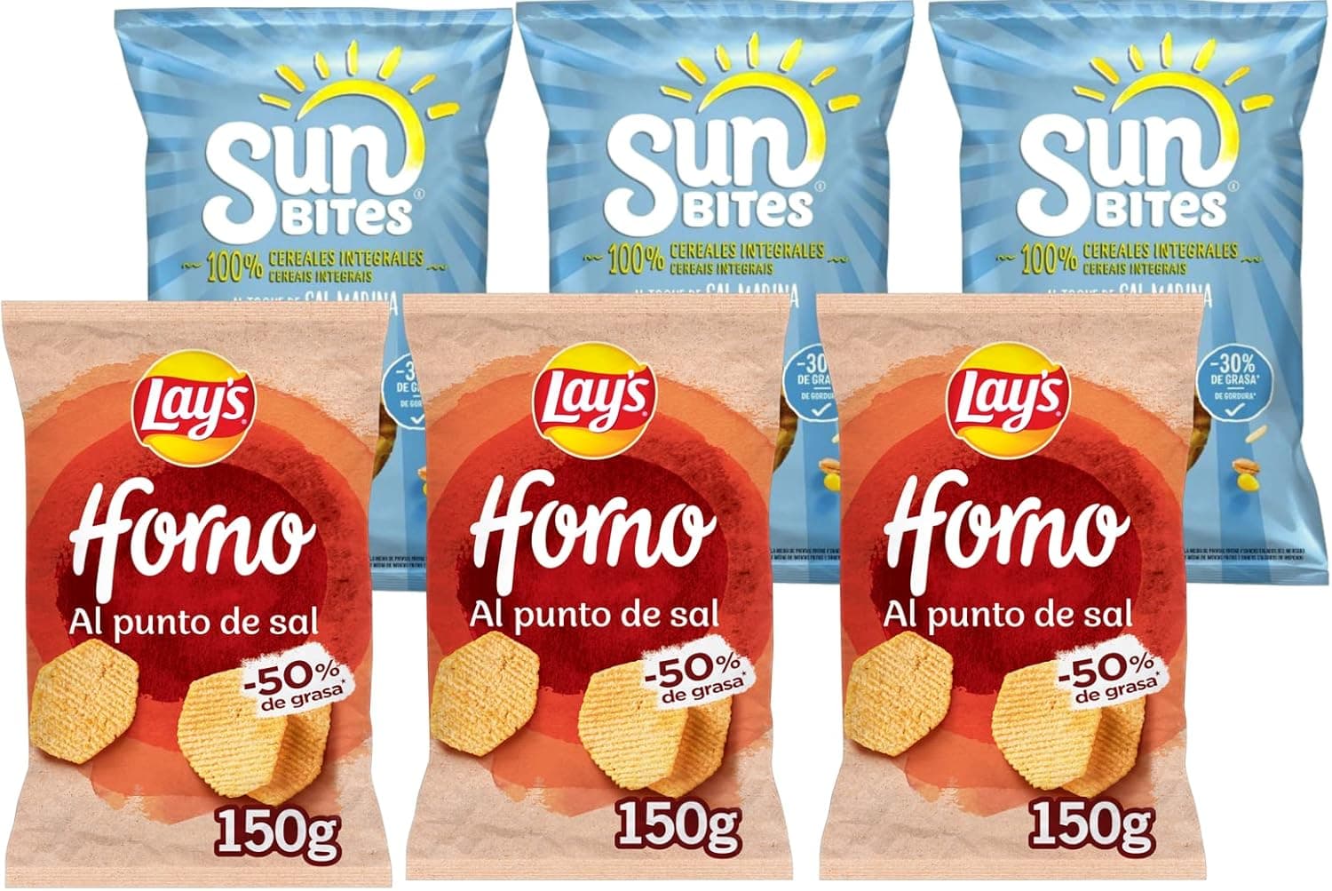 Pack Sunbites sal marinho 3 x 95 g, Lay's forno sal 3 x 150 g
