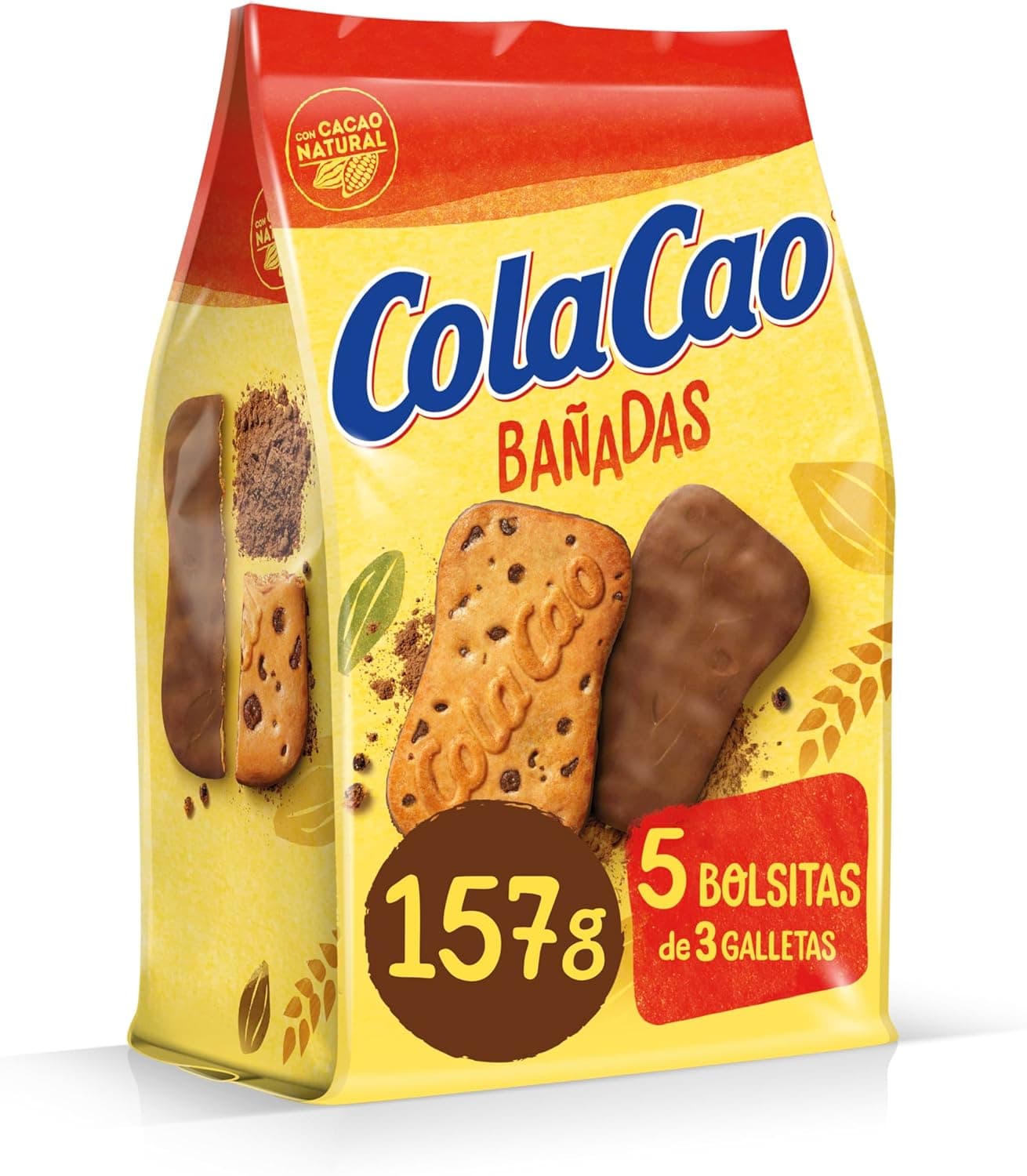 ColaCao, Bolacha em cacau natural, com pepitas de chocolate, 5 pacotes de 3 unidades - 157 g