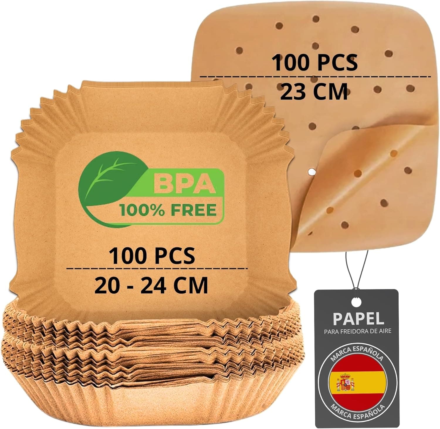 200/220 peças de papel de fritadeira de ar de 20 a 24 cm BPA Free | acessórios Air Fryer em formato quadrado e plano, compatível para 5 - 7 litros. (100 quadrados + 100 planos)
