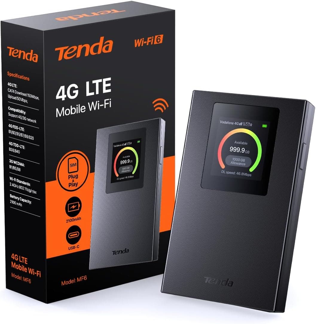 Tenda MF6 Router 4G SIM portátil móvel, Wi-Fi portátil Cat4 WiFi 6 AX300, MiFi 4G com bateria recarregável de 2100 mAh, porta USB-C, WPA3, ecrã colorido, carregamento com Power Bank, Nano SIM, Plus. G