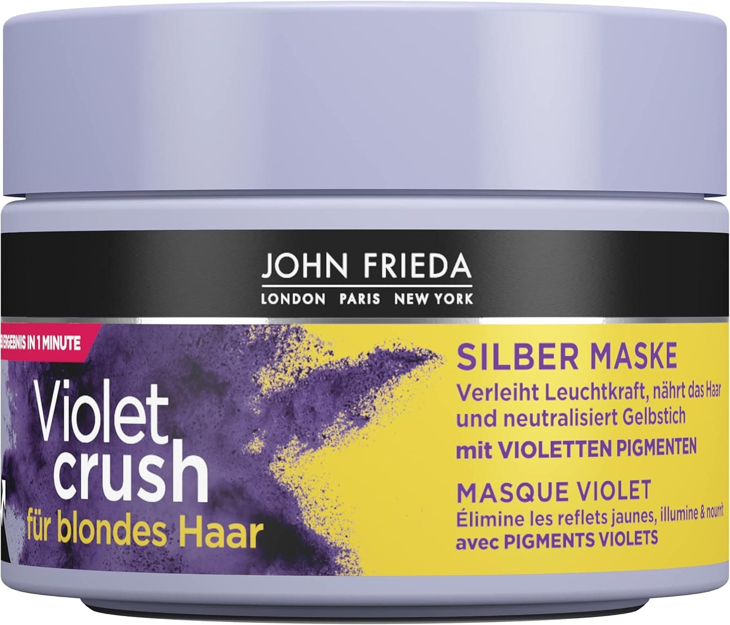 John Frieda Violet Crush - Máscara de prata para cabelo loiro, 250 ml, neutraliza a coloração amarela, repara os danos ao cabelo