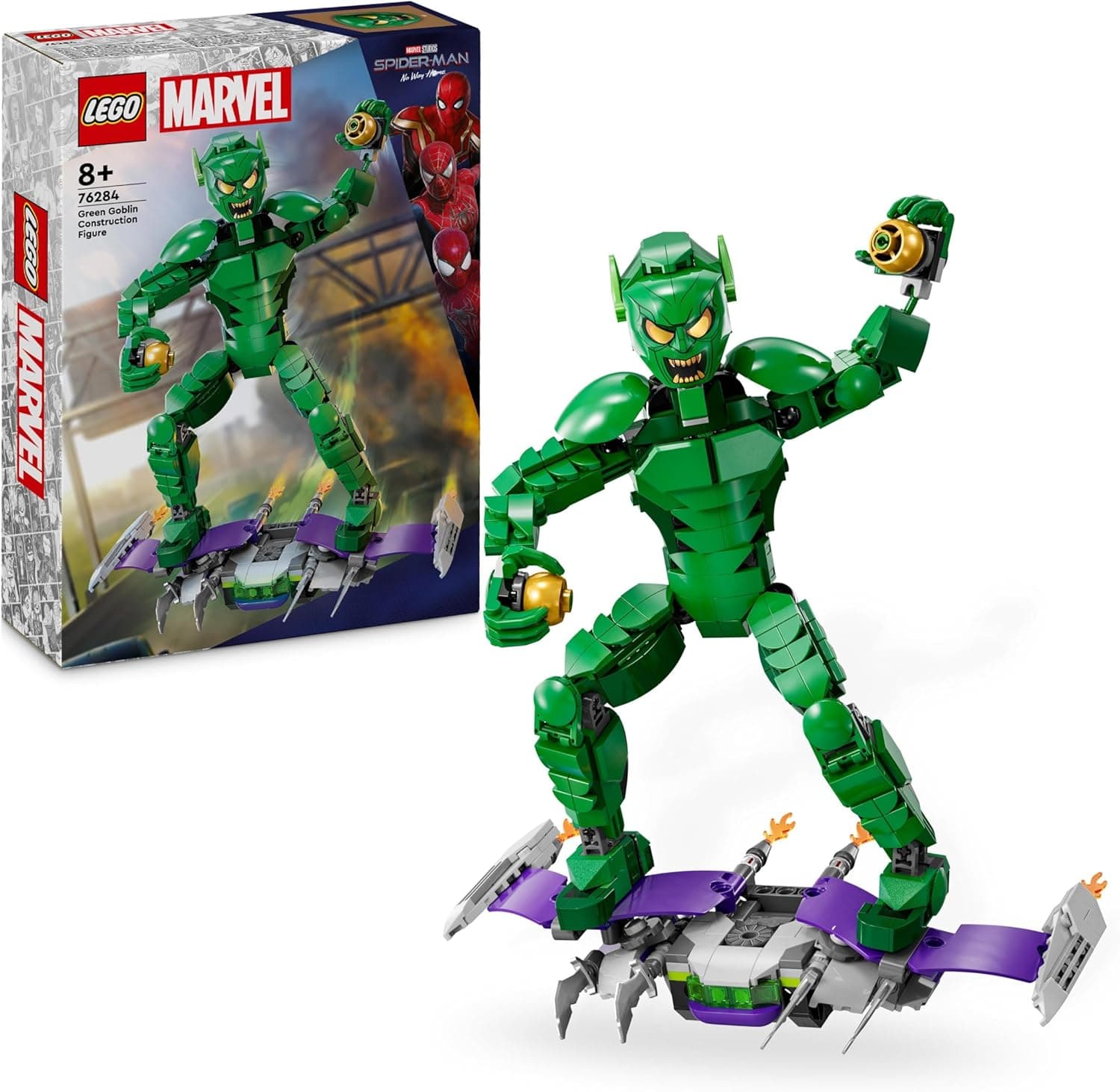 LEGO Marvel Figura para construir: Duende verde articulada, brinquedo de construção de supervilão com deslizante e bombas - abóbora, presente para meninos e meninas de 8 anos ou mais 76284