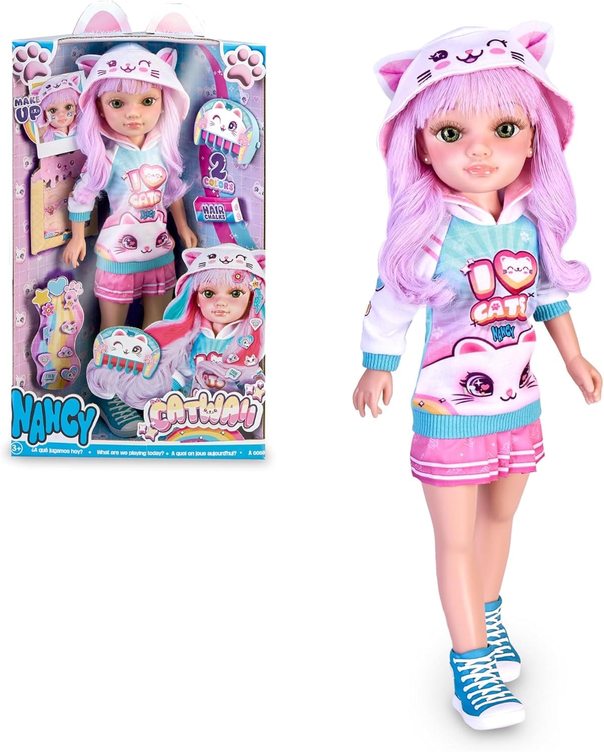 Nancy Catwaii Boneca para pentear e maquilhagem de estilo fino Kawaii japonês, outfit e acessórios inspirados em gatinhos, pente para machas, autocolantes e tatuagens + 3 anos, famosa (NAC75000)