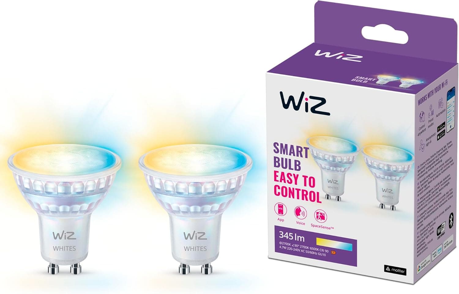 WiZ - Lâmpada LED inteligente Wi-Fi 4,9 W (Eq. 50 W) Tampa GU10, luz branca regulável, com tecnologia SpaceSense e compatível com Alexa e Google Home, conjunto de 2