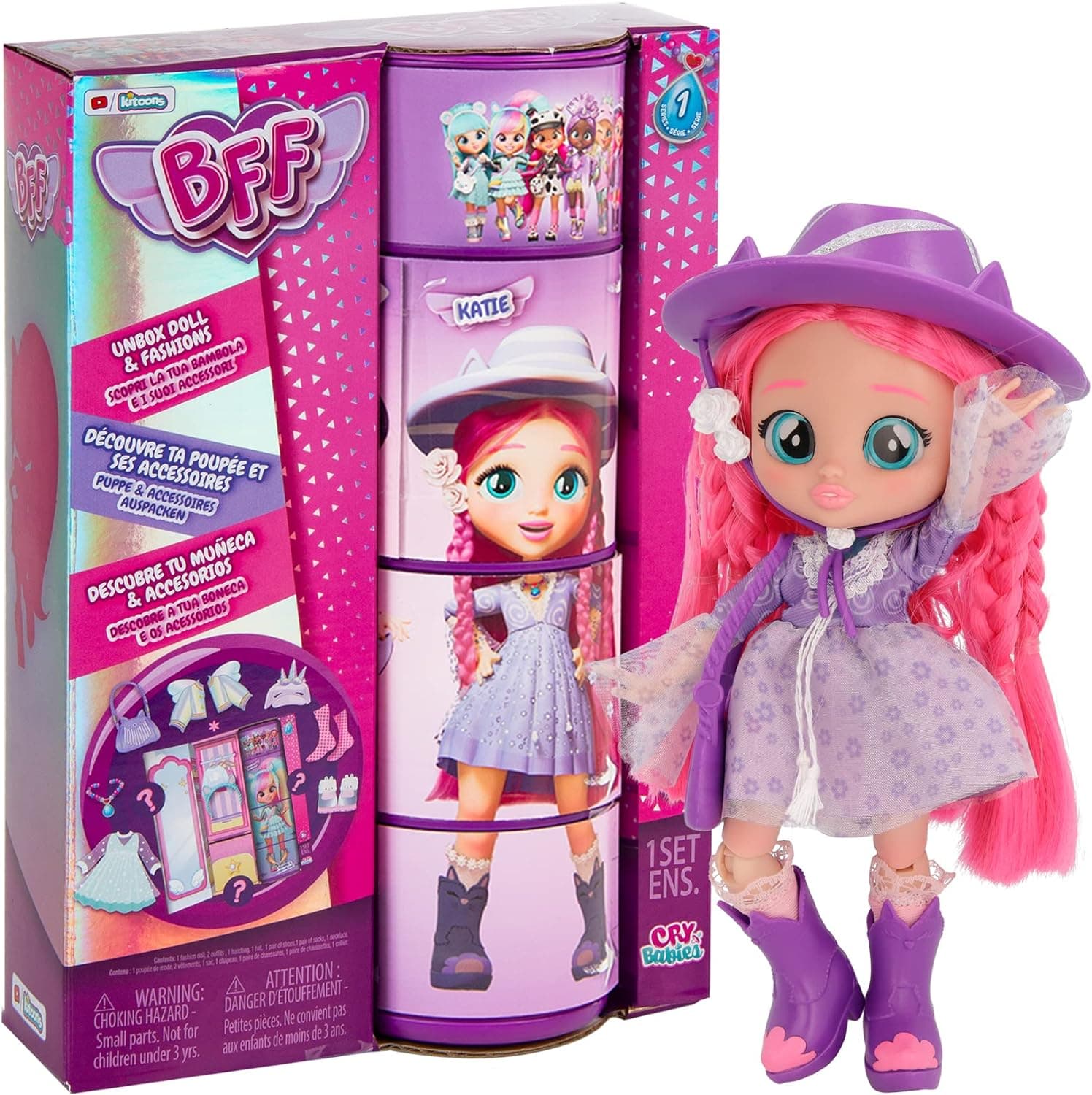 BFF BY BEBÊS chorões bebés chorões Katie | boneca fashion colecionável com cabelo comprido, roupa de tecido e 9 acessórios - brinquedo de presente para meninas e meninos +5 anos