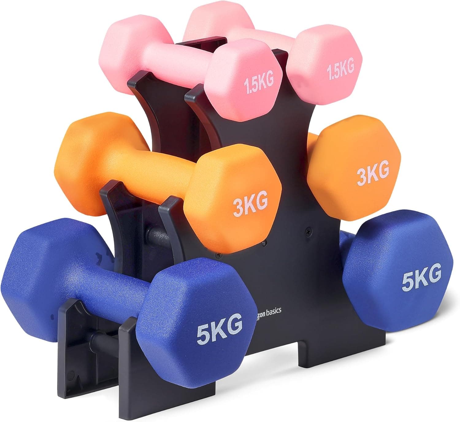 Amazon Basics | Conjunto de 3 pares de halteres em neopreno com suporte 1.5 kg 3 kg 5 kg