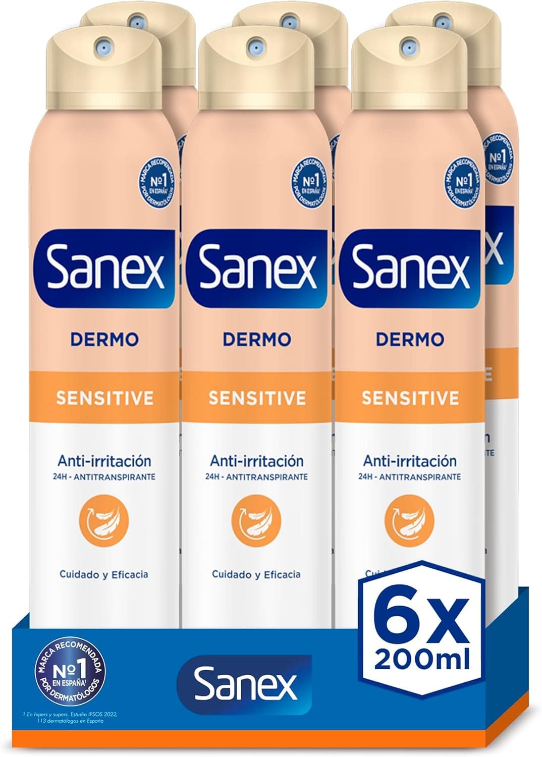 Sanex Dermo Sensitive desodorizante em spray, pack 6 unidades x 200 ml, antiderrapante, até 24H de proteção contra o suor e o odor, suave com a pele sensível, restaura o pH natural da pele