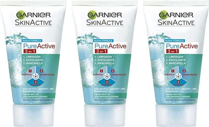 GARNIER Skin Active, Pure Active 3 em 1, limpeza, esfoliante e máscara - 150 ml