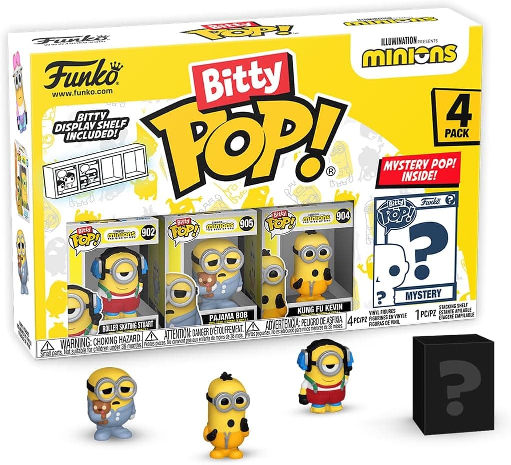 Funko Bitty Pop! Minions - Roller Skating Stuart 4PK - Roller Skating Stuart, Pajama Bob, Kung Fu Kevin e uma minifigura misteriosa surpresa - 0,9 polegadas (2,2 cm) - Minions 2 colecionáveis