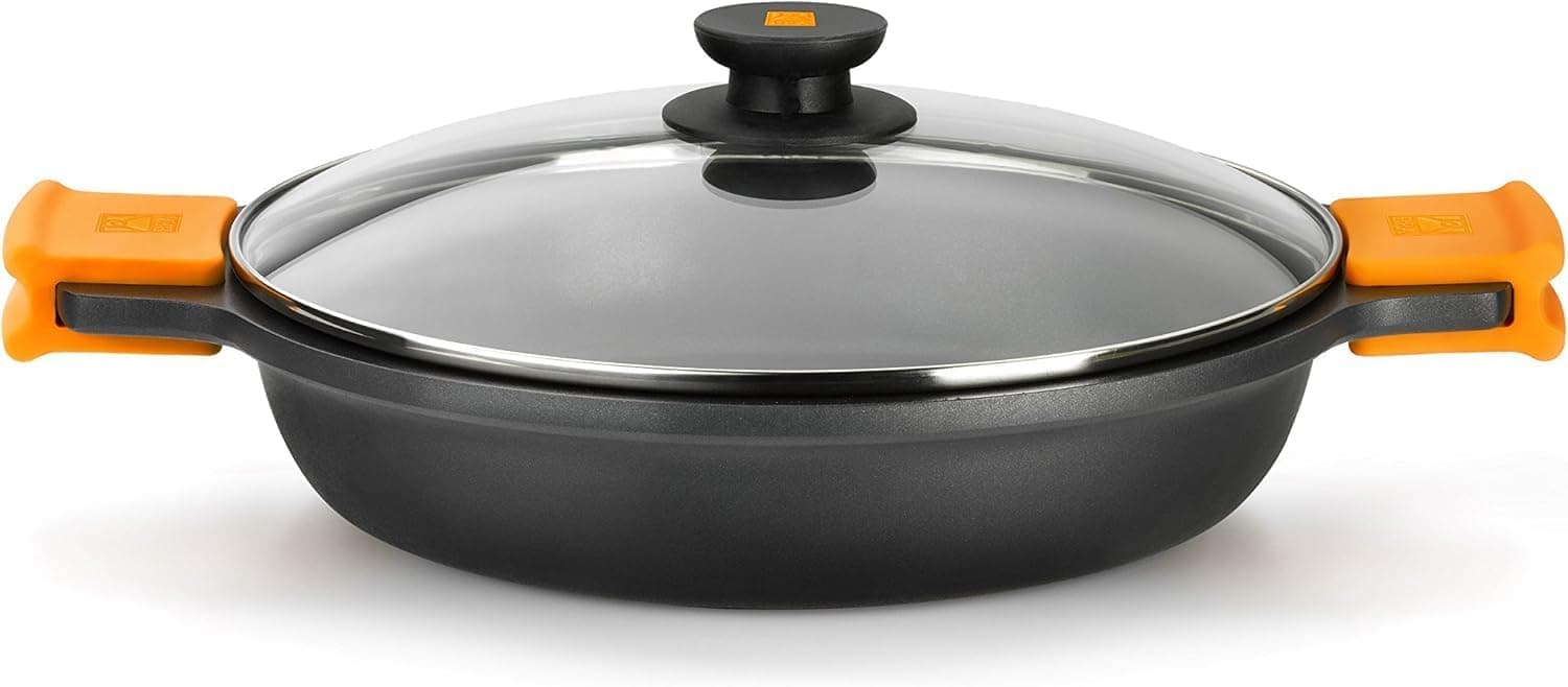 BRA Efficient Panela baixa com tampa de vidro e asas de silicone, alumínio fundido com antiaderência Teflon Platinum Plus