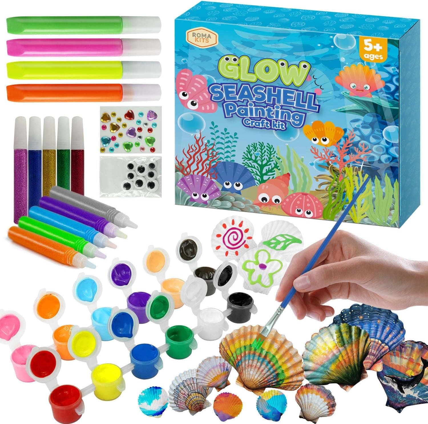 Conjunto de conchas para pintar e decorar, kit de trabalhos manuais e pinturas, presente para crianças a partir dos 5 anos. Kit de tintas fluorescentes e brilhantes com conchas muito completo