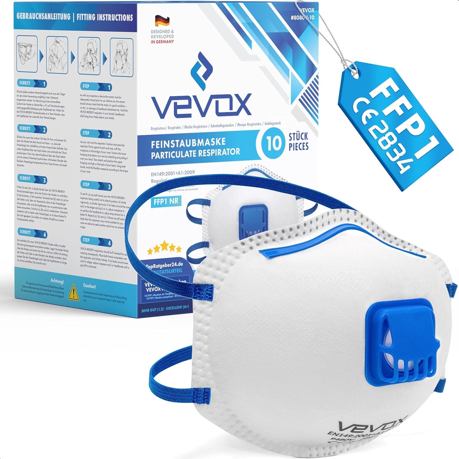 VEVOX® Máscaras FFP3, FFP2 ou FFP1 - Em conjuntos de 5, 10 ou 20 - Máscara anti-pó fina - máscara de segurança industrial