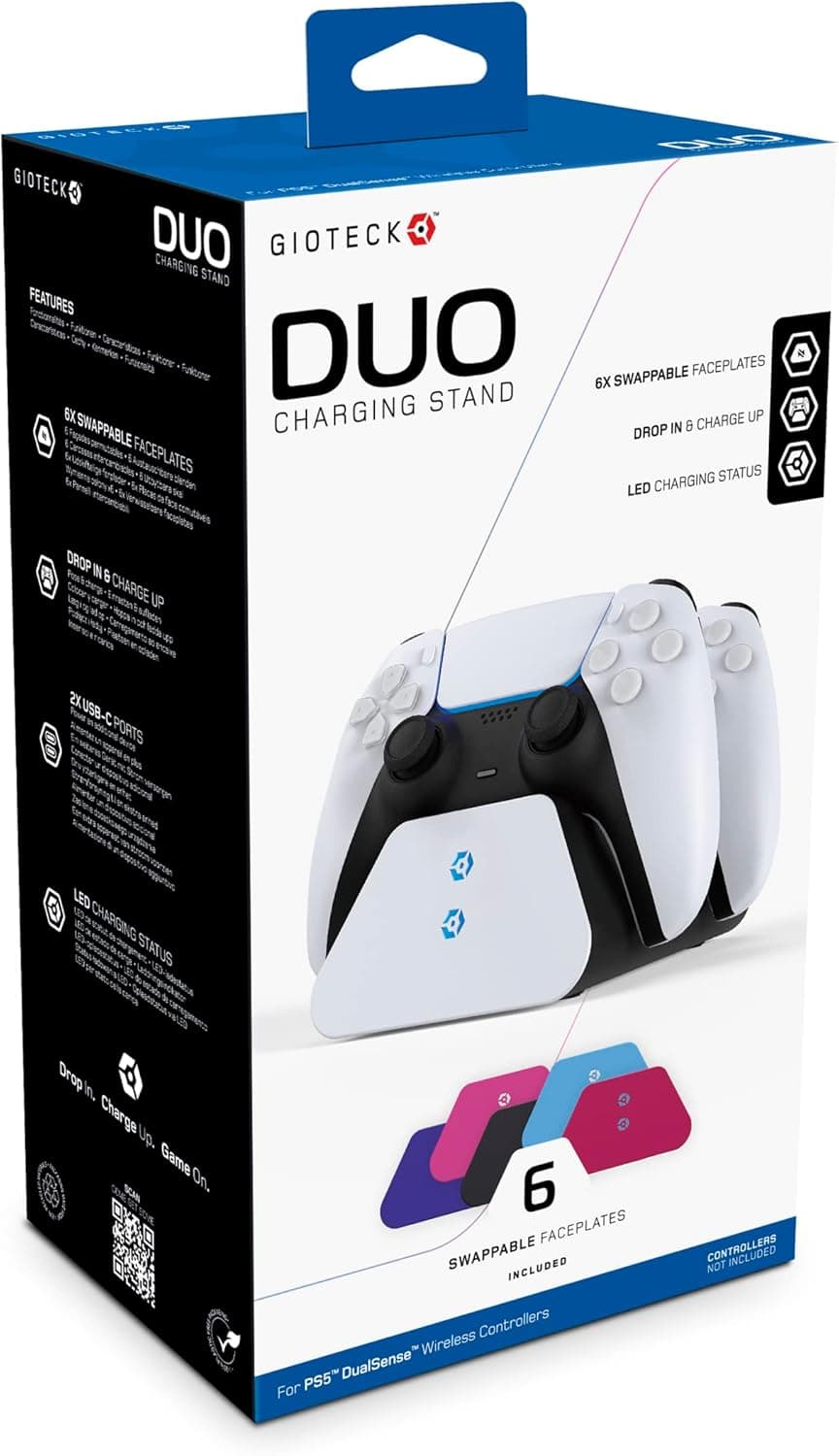 Dock de carregamento para 2 controles PS5 DualSense com 6 estojos coloridos intercambiáveis ​​Gioteck
