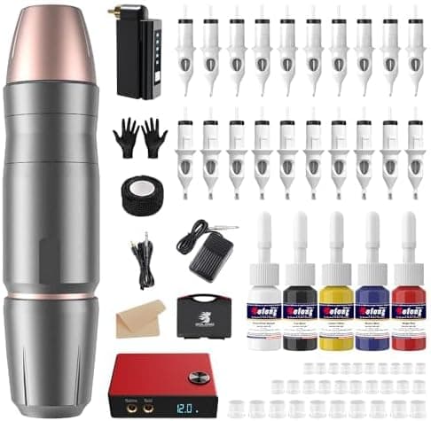 Solong Tattoo Kit de máquina de tatuagem de modo duplo, cabo / sem fio, 20 agulhas, tinta, profissional e iniciante, design ergonómico, controlo intuitivo