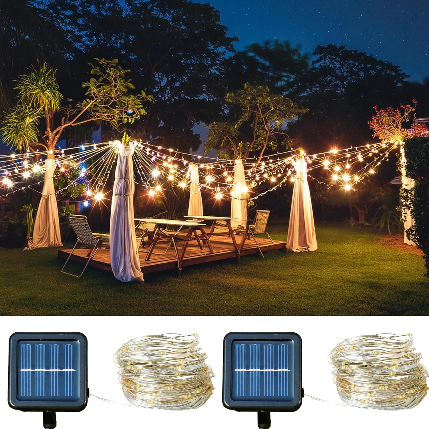 Liiisi 711Medium2 | Guirlanda solar LED de 44 m com 400 luzes e 8 modos para decoração exterior e festas