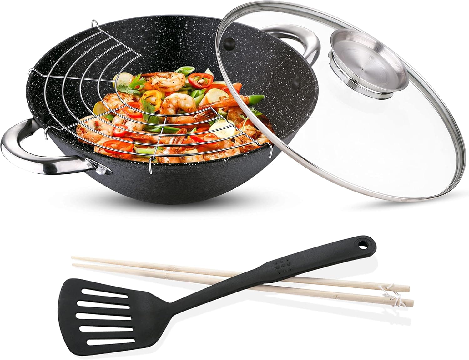 RENBERG Wasabi Wok Frigideira Wok com revestimento de mármore e tampa de vidro, várias funções e acessórios, Wok de ferro fundido, compatível com cozinhas de indução 28 x 40 x 12 cm