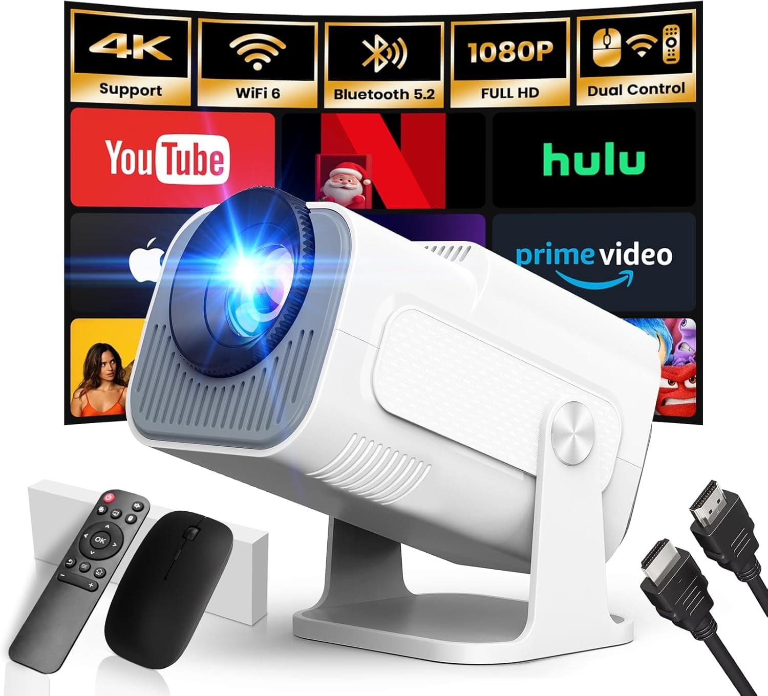 Gaimoo Projetor portátil 1920 x 1080P 4K supote videoprojetor duplo controlo TV WiFi 6 BT5.2 180° rotação HDMI/TV Stick/USB/PS5/Laptop, com cabo HDMI
