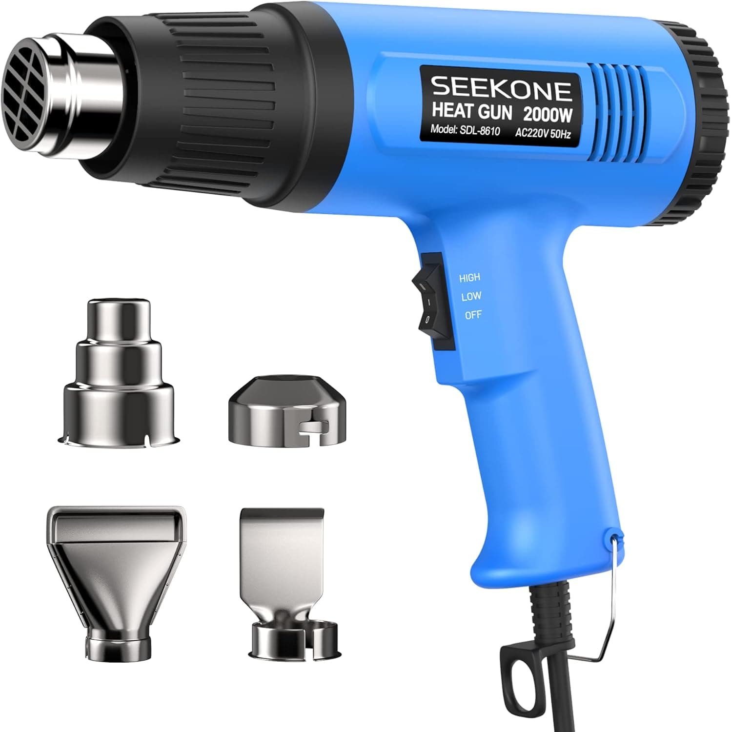 SEEKONE Pistola de calor 2000 W, pistola de ar quente com ajuste de temperatura duplo de 300 °C/600 °C, decapador com proteção contra sobreaquecimento e 4 bicos, para encolher PVC