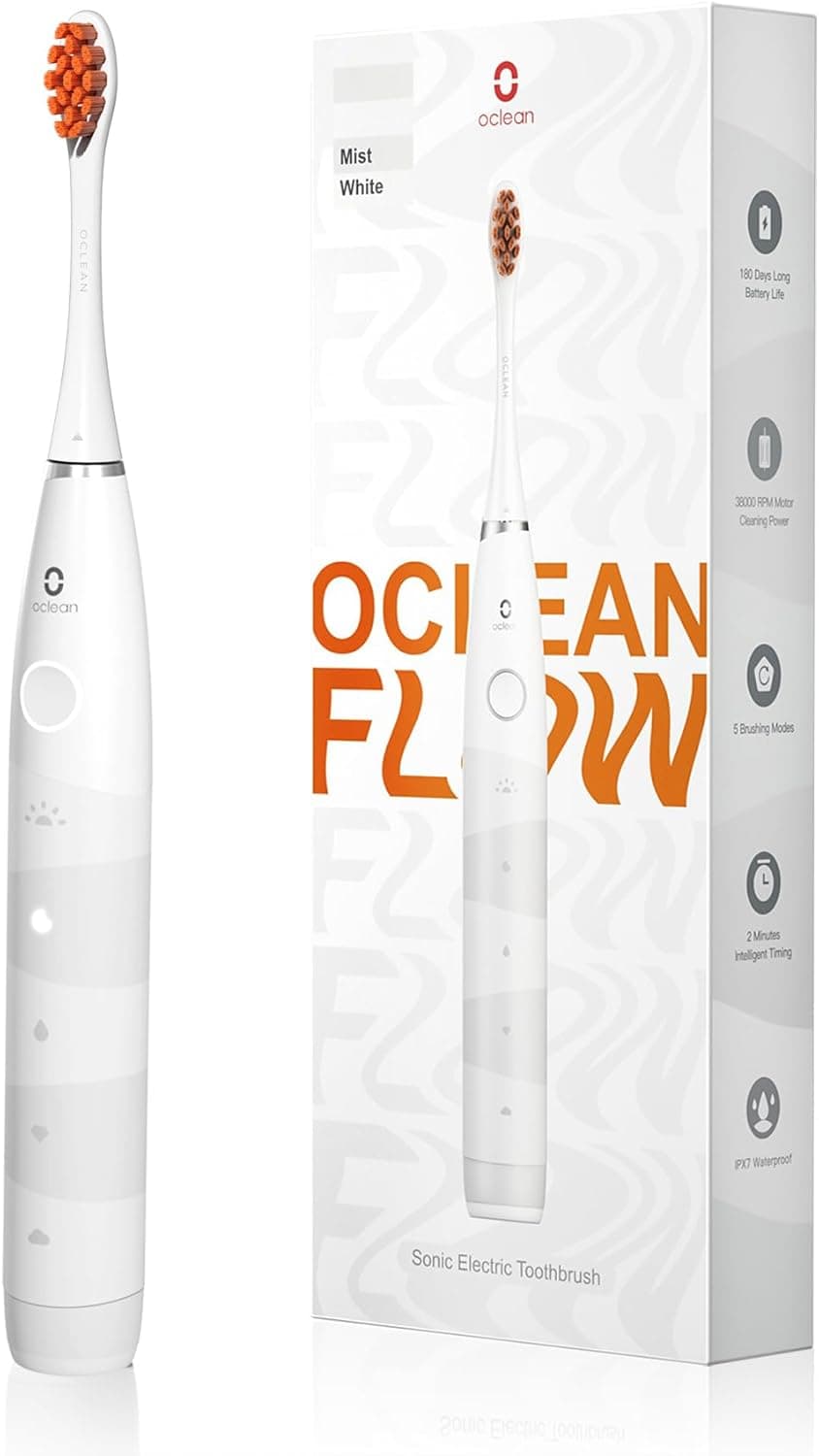 Oclean Flow | Escova de dentes elétrica sónica com 5 modos e autonomia de 180 dias, 76000 movimentos por minuto, resistente à água, inclui 1 cabeça DuPont