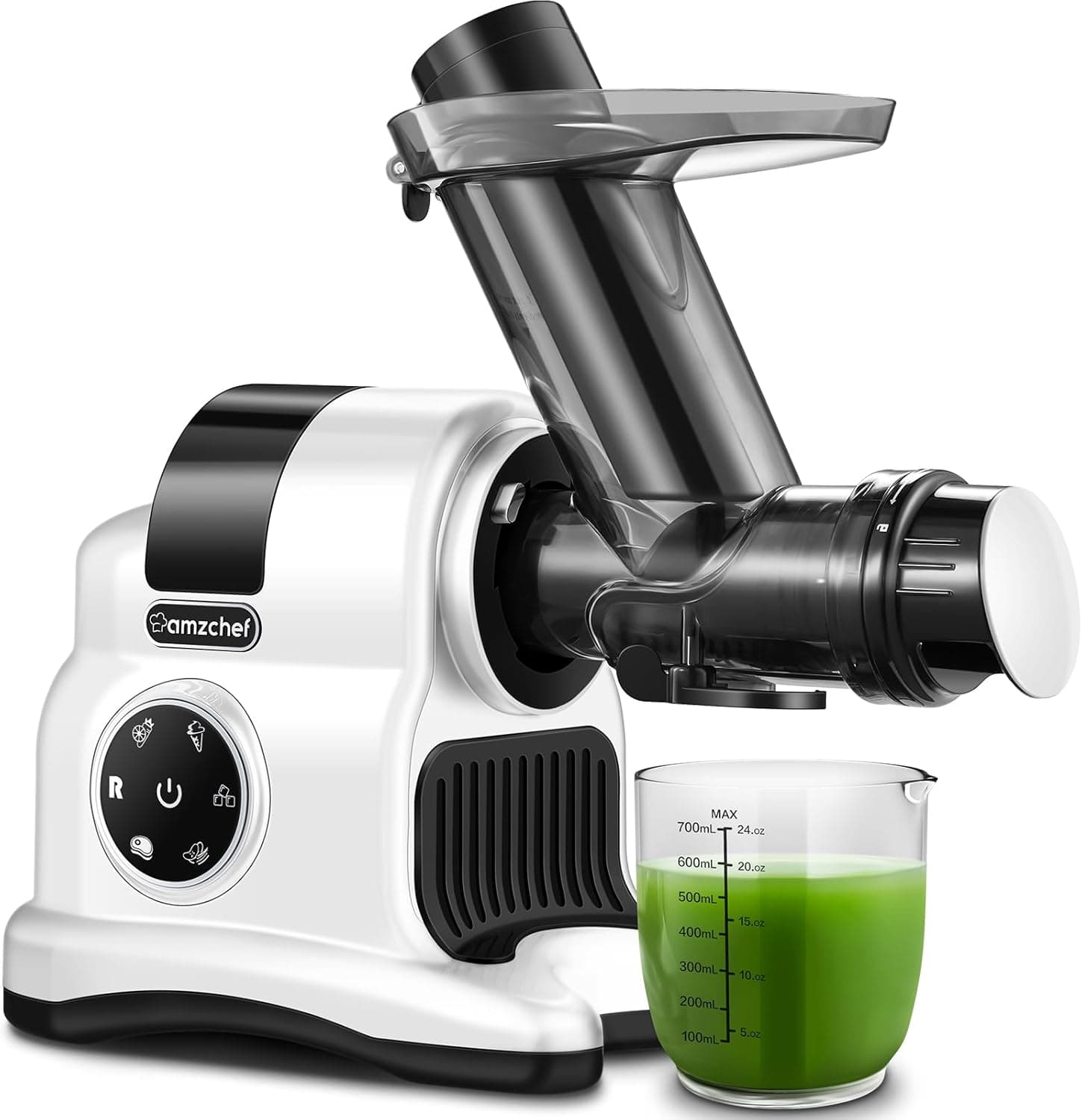 AMZCHEF Espremedor grande de 80 mm, espremedor lento com 2 velocidades e função de rebobinamento, espremedor de 150 W para legumes e frutas inteiras, Test Winner, branco