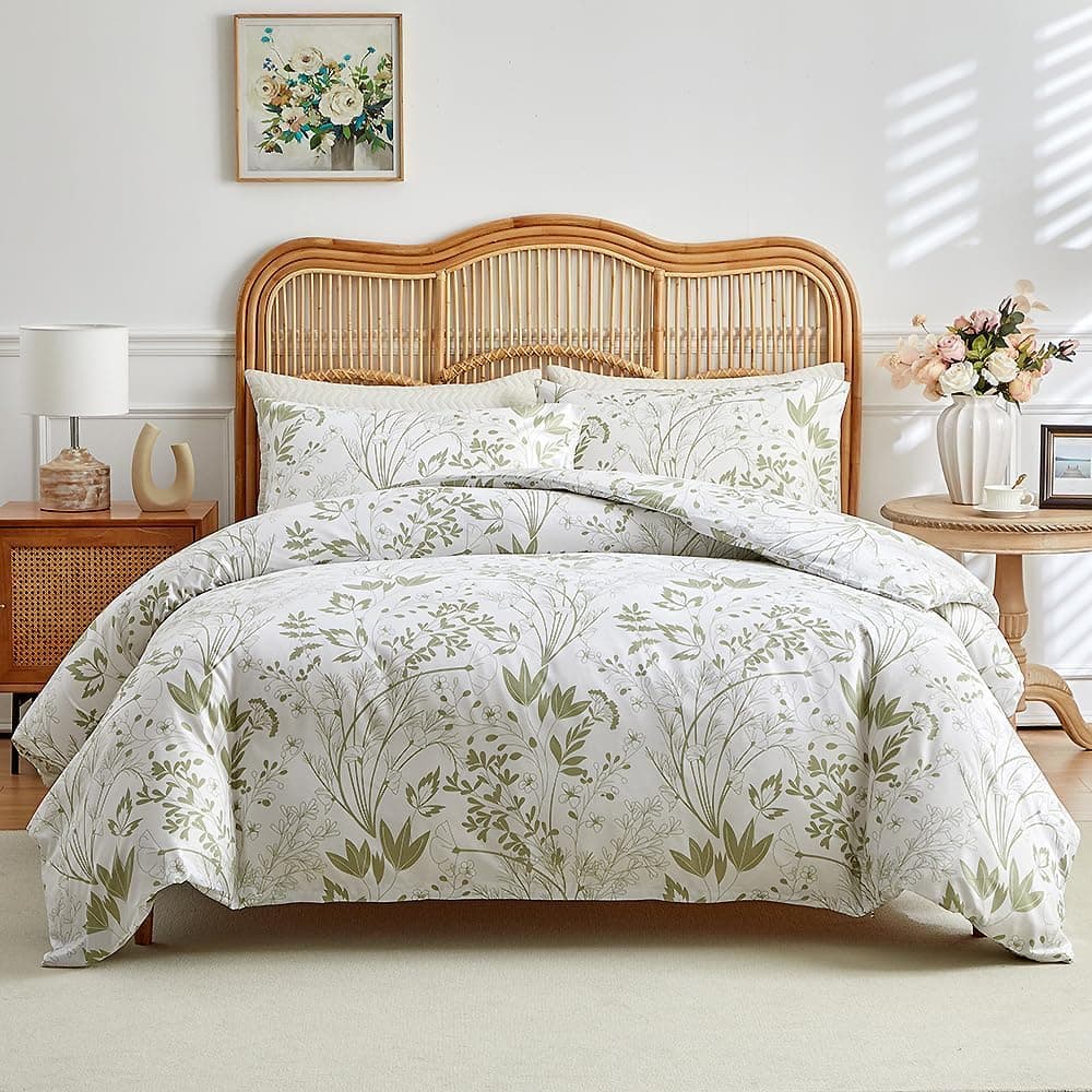 RongRongIN Planta | Conjunto de capa de edredão 135 x 200 cm com 1 fronha, padrão de folhas brancas, suave e confortável