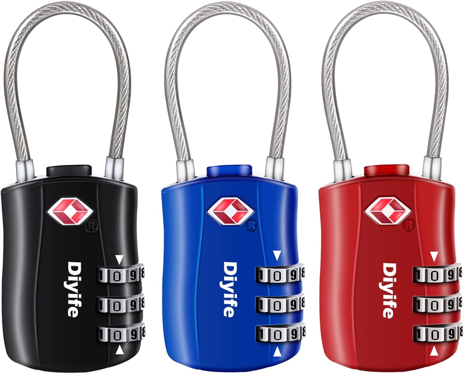TSA Cadeados de bagagem, [3 embalagens] Diyife combinação cadeados, cadeado de segurança de 3 dígitos, bloqueio de códego para malas bagagem viagem (preto, azul, vermelho)
