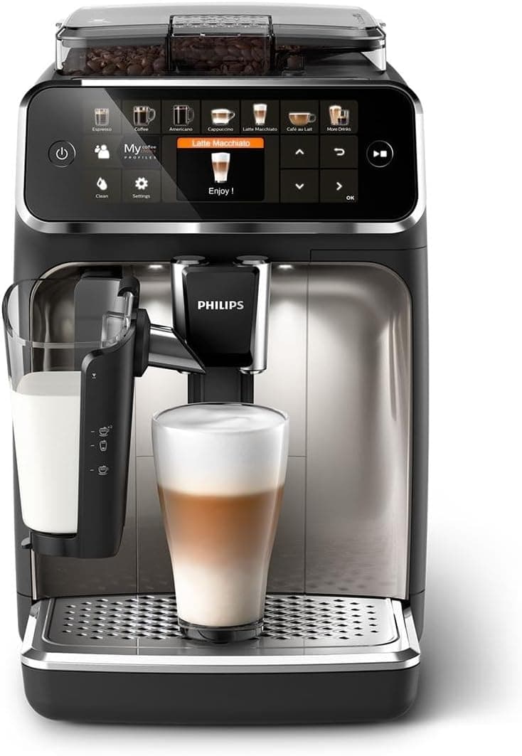 Philips Série 5400 Cafeteira super automática - sistema de leite LatteGo, 12 variedades de café, ecrã intuitivo, 4 perfis de utilizador, cromado (EP5447/90)
